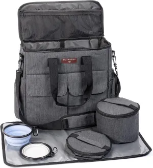 BarksBar Dog Travel Bag for Day Trips & Vacations with Collapsible Bowls, Food Storage Bags, Placemat, and Endless Storage (Gray)