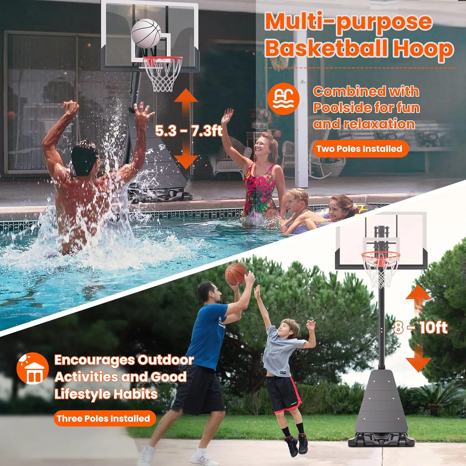 Basketball Hoop Outdoor System with 10ft Height Adjustable, 45/48in Steel Frame Backboard Basketball Goal Court System, Portable Hoop for Youth and Adults in Driveway Backyard Pool Play