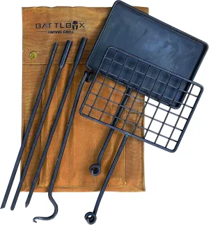 BATTLBOX Bushcraft Grill Set, Steel Campfire Cooking Grate Swivel Grill For Outdoor BBQ Open Fire, Packable Campfire Cook Set, Heavy Duty Open Fire Swivel Camping Cooktop, Canvas Bag