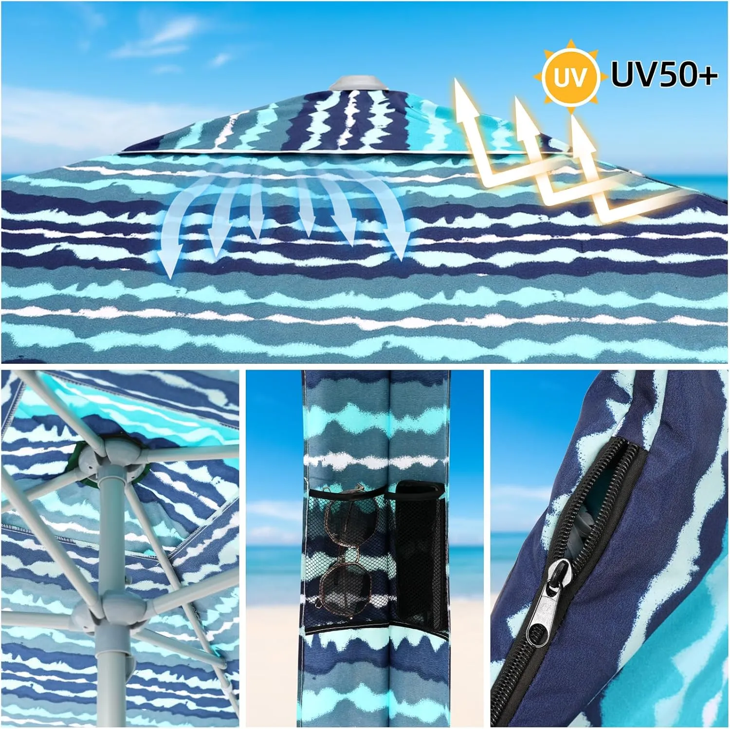 Beach Cabana, 6.2'×6.2' Beach Canopy with Side Wall, UPF 50  UV Protection Easy Setup Tent Sun Shelter with Sand Pockets for Whole Family (Green Stripes)