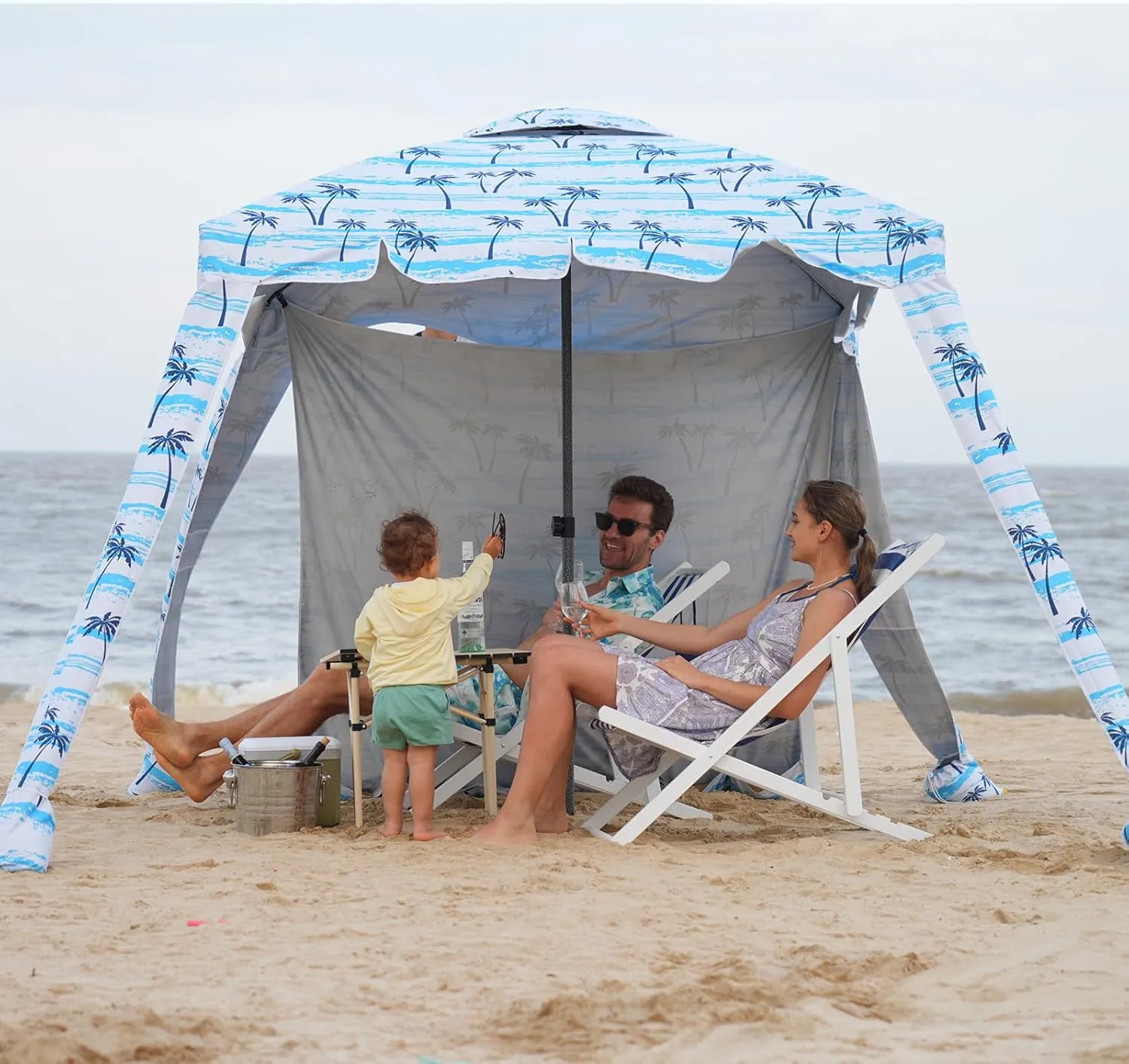 Beach Cabana - 6FT Beach Umbrella with UPF 100  UV Protection & Sunshade Curtain - Waterproof Tent - Portable Shade, Easy to Set Up, Perfect for Family & Friends, Coconut Tree