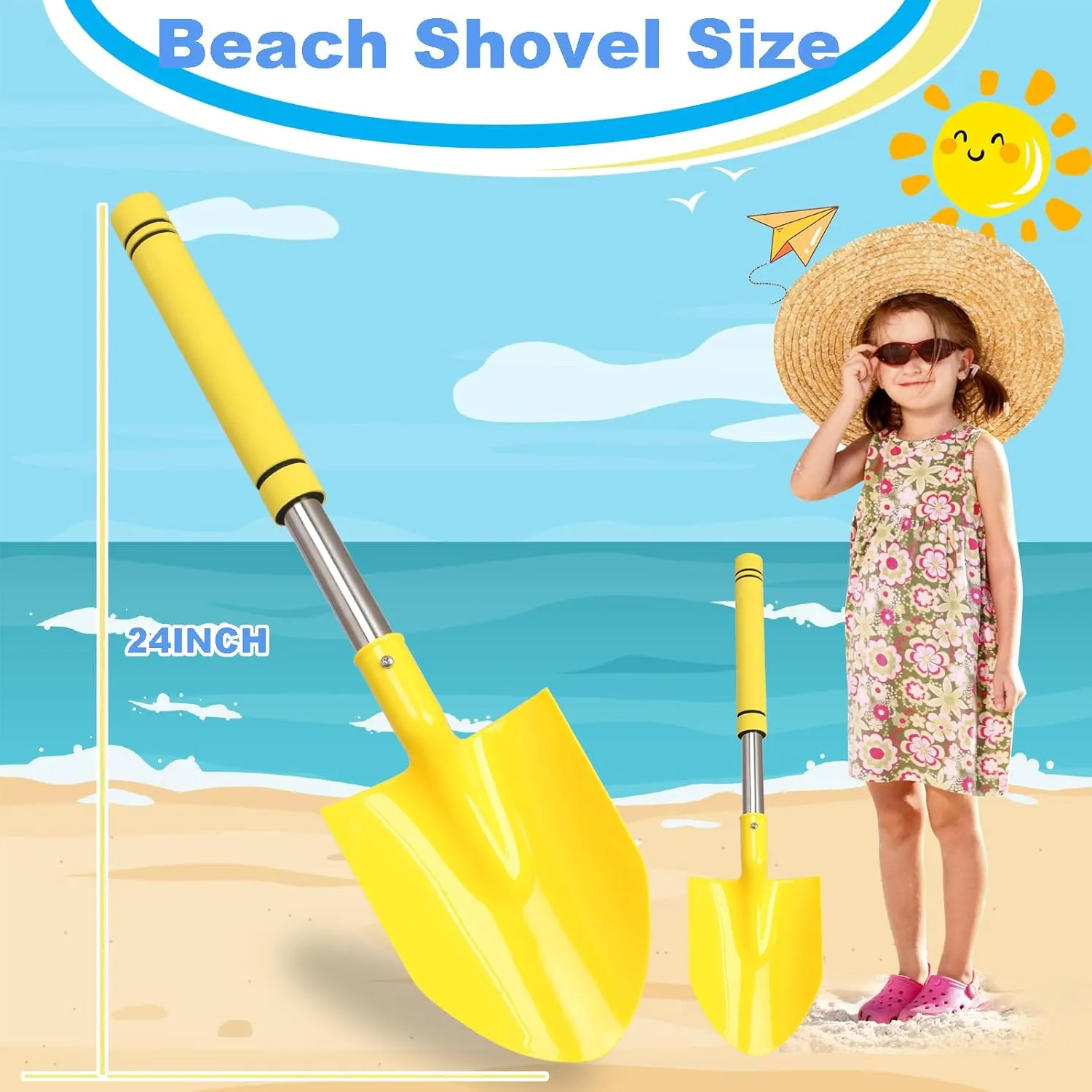Beach Shovels Long Handle for Kids,3PC 24Inch Beach Sand Shovels Toys for Digging Heavy Duty Stainless Steels with Yellow Soft Spone Sturdy Scoop Seaside Kids Tool Lightweight Gift Set