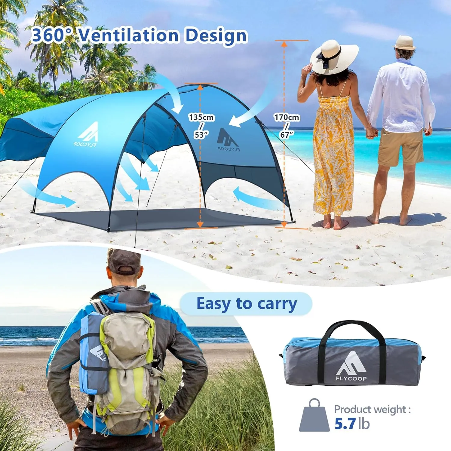 Beach Tent - Beach Shade Canopy Compact Fold (16.9x3.9″), Own Patent, 360° Ventilation, Large Side Storage Pocket, UV Protection Portable Sun Shelter for Beach (Blue, 90.5*59*53″ with 74.8*74.8″ sail)