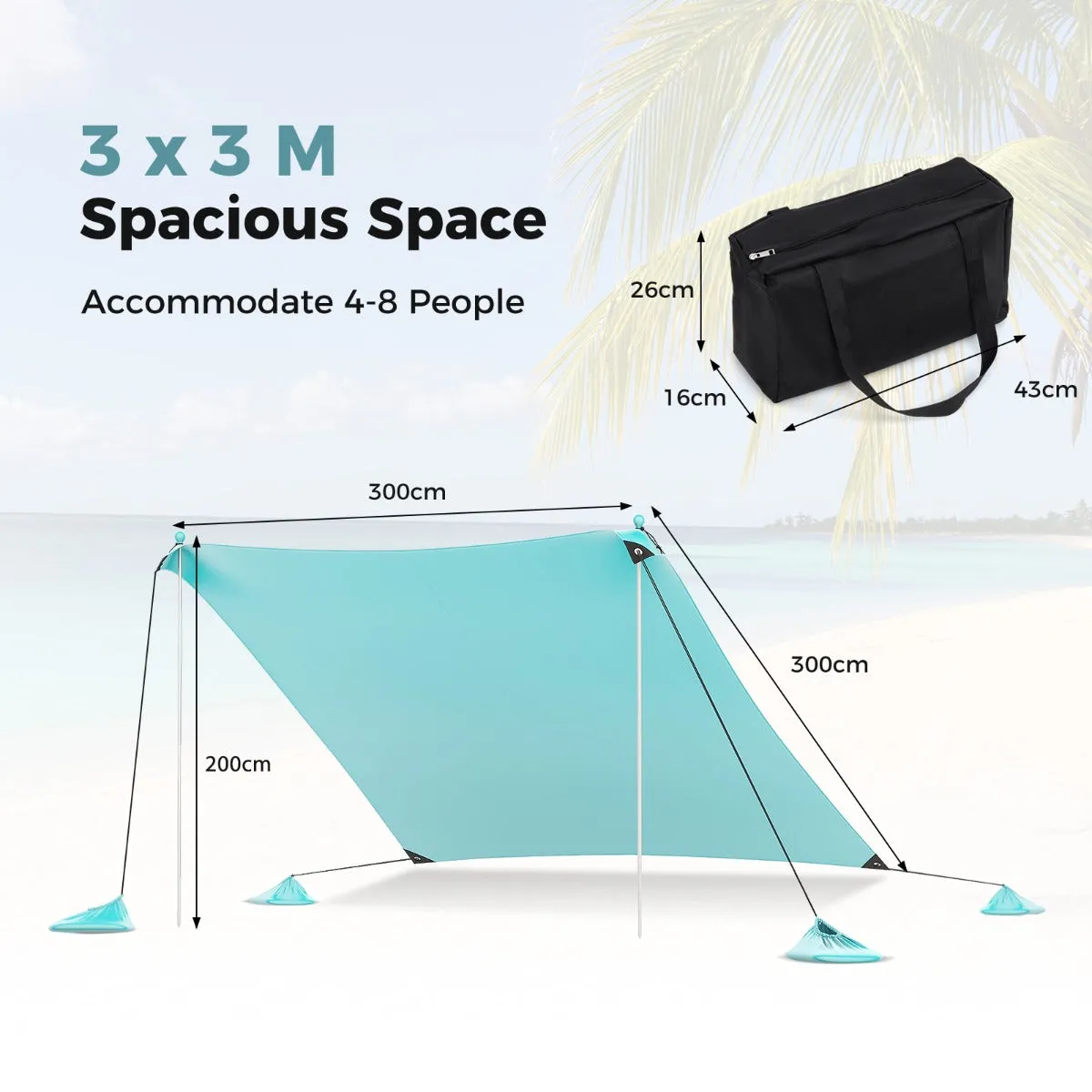 Beach Tent Sun Shelter with 4 Sandbags and UPF 50  Protection