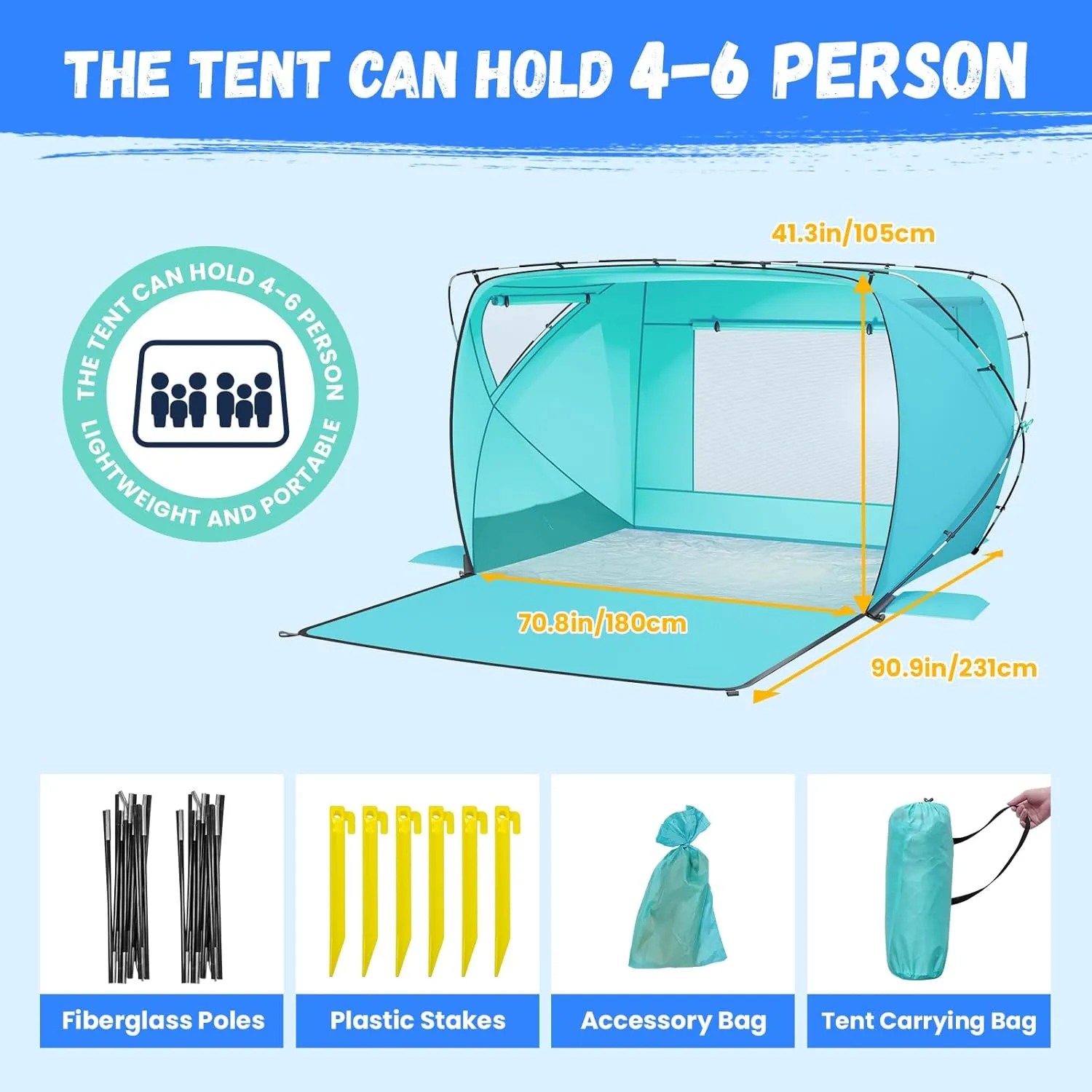 Beach Tent Sun Shelter,4-6 Person Beach Shade Tent, Easy Setup UPF 50  UV Protection Portable Lightweight Beach Cabana Sun Shade Shelter for Family Outdoor and Picnics,Fishing with Carrying Bag