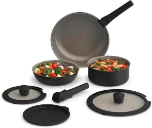 bella 8 Piece Removable Handle Cookware Set, Fits-anywhere™ Kitchenware w EverGood™ Ceramic Nonstick Coating​, Dishwasher & Oven Safe, All Stovetops Compatible, Glass Lids with Silicone Rims, Black