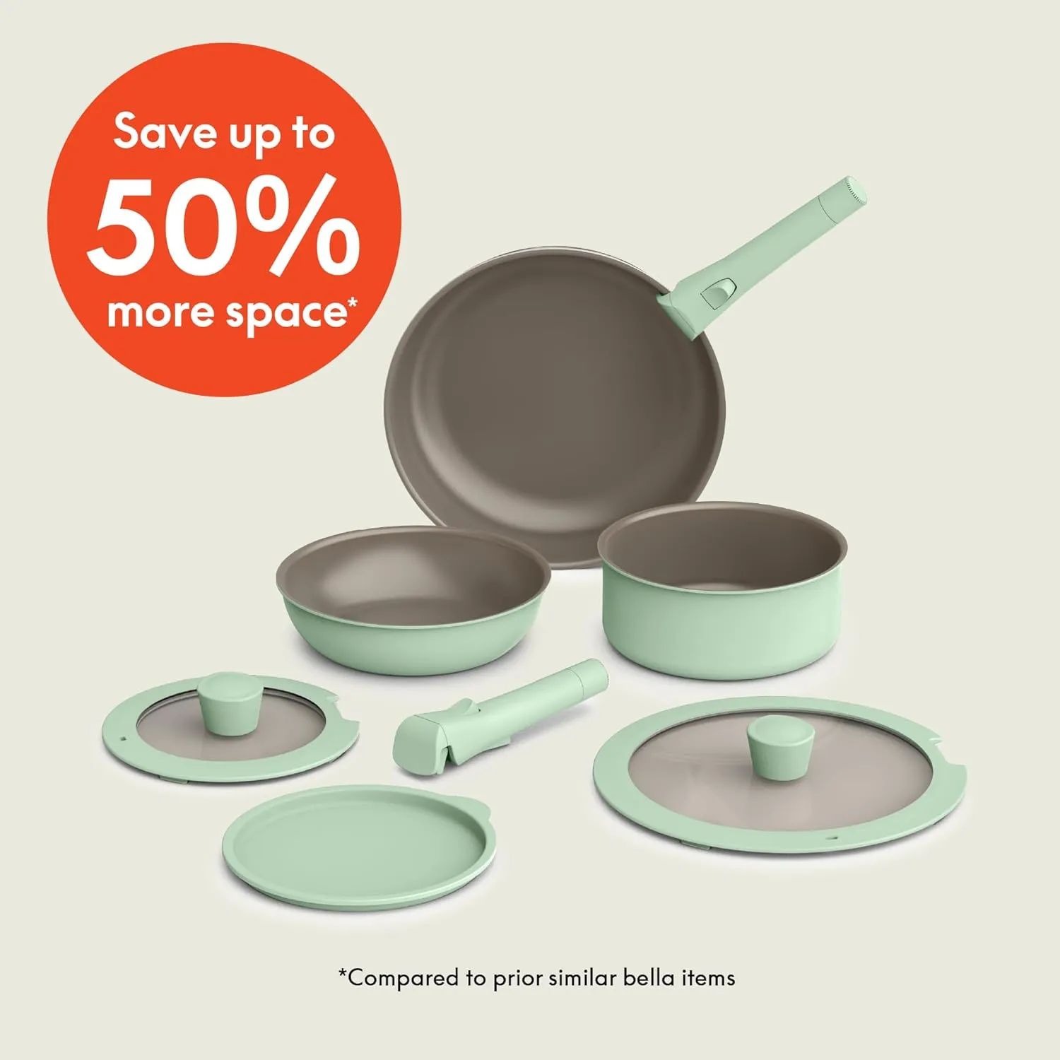 bella 8 Piece Removable Handle Cookware Set, Fits-anywhere™ Kitchenware w EverGood™ Ceramic Nonstick Coating​, Dishwasher & Oven Safe, All Stovetops Compatible, Glass Lids with Silicone Rims, Seaglass
