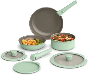 bella 8 Piece Removable Handle Cookware Set, Fits-anywhere™ Kitchenware w EverGood™ Ceramic Nonstick Coating​, Dishwasher & Oven Safe, All Stovetops Compatible, Glass Lids with Silicone Rims, Seaglass