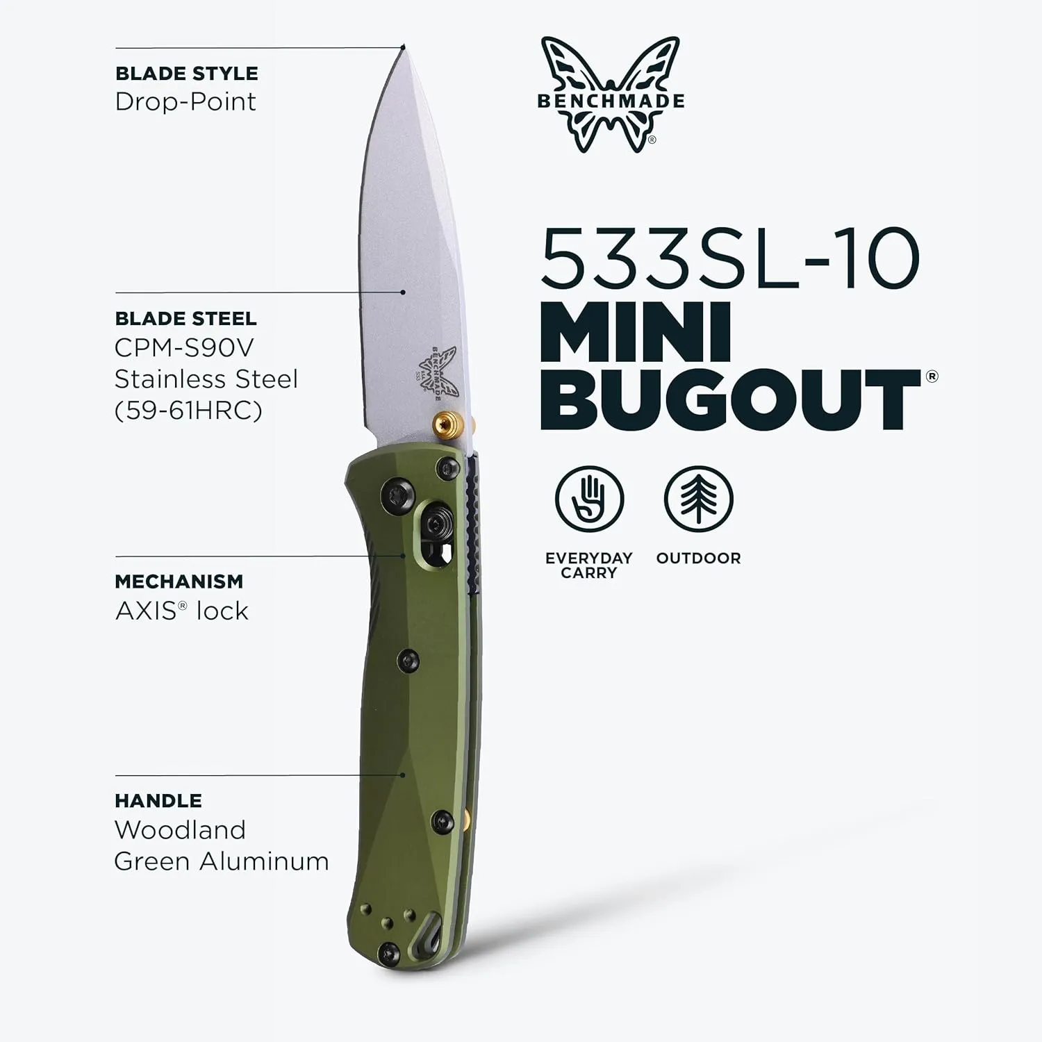 Benchmade - Mini Bugout 533 Knife, Drop-Point Blade, Woodland Green Aluminum Handle (533SL-10)