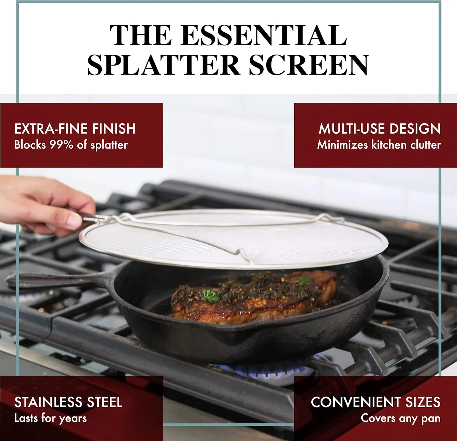 BergKoch Splatter Screen for Frying Pan - 15 Inch Stainless Steel Grease Splatter Guard - Cover Oil Splash when Sizzling Bacon, Cooking Fried Chicken or Popcorn