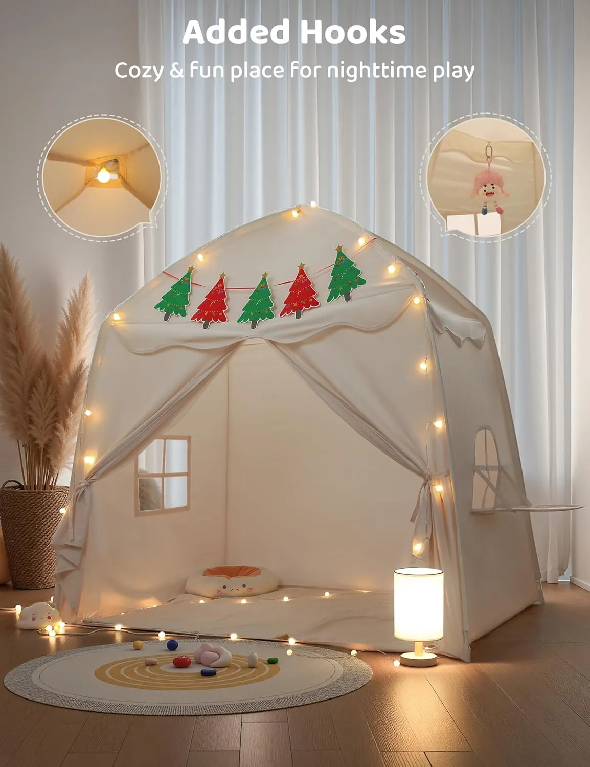 besrey Large Kids Play Tent with Christmas Tree Flags & Lights, Kids Tent Indoor, Toddler Tent for Boys&Girls, for Kids, Great Kids Playhouse, 61" x39" x 58"