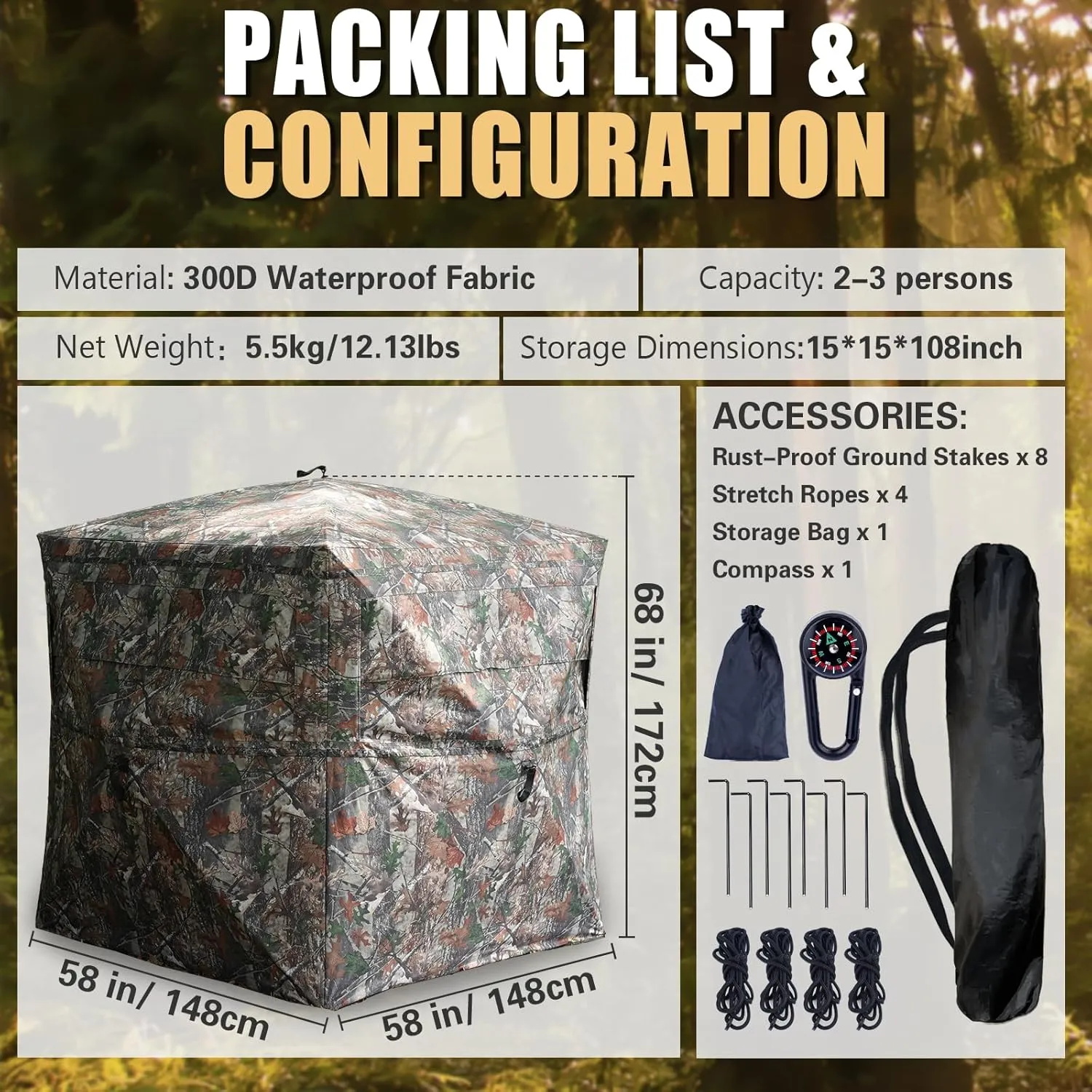 Beviliu Hunting Blind 270/360 Degree See Through Ground Blind with Carrying Bag, 2-4 Person Pop Up Camouflage Tent Portable Concealed Shelter