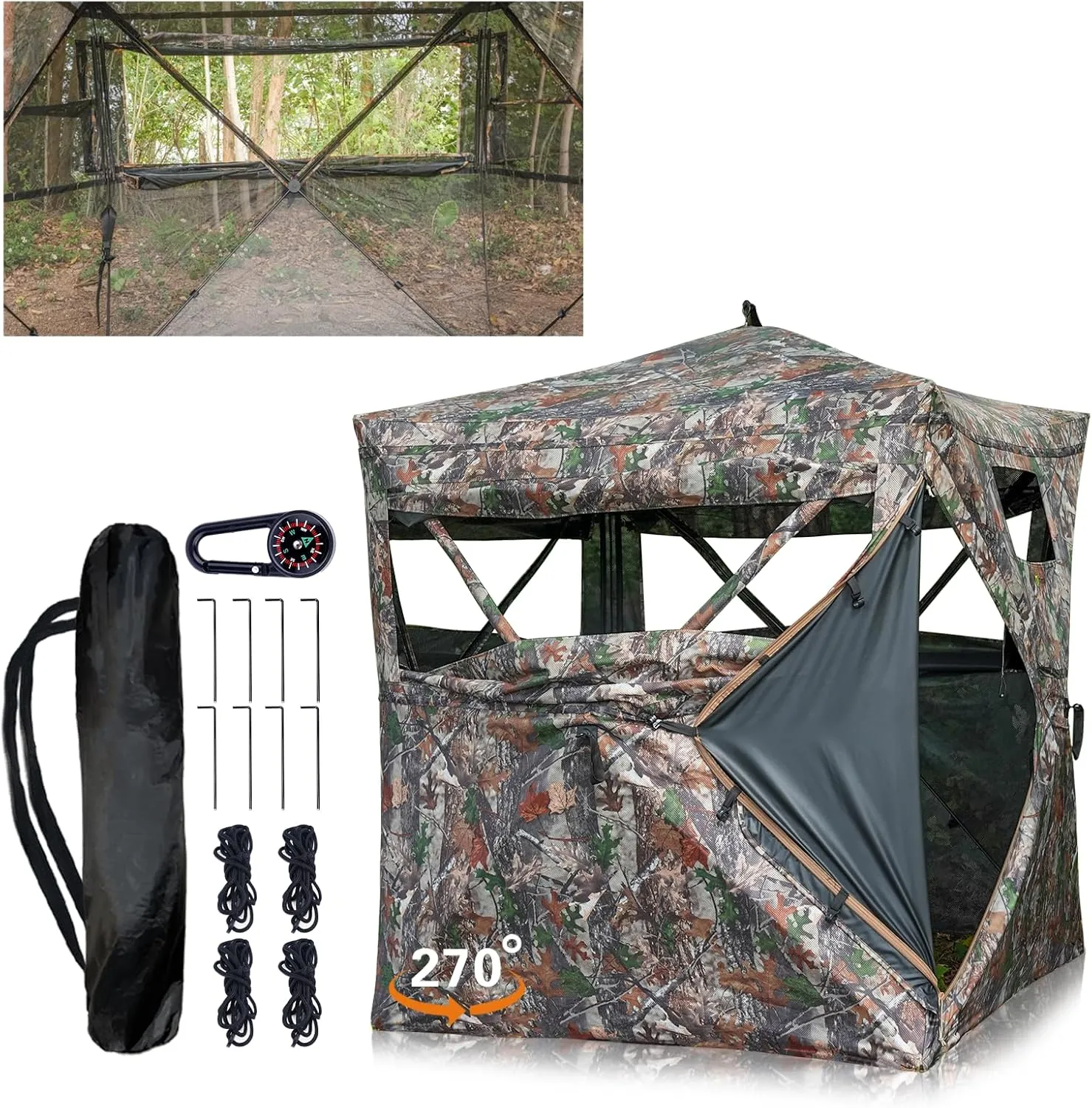 Beviliu Hunting Blind 270/360 Degree See Through Ground Blind with Carrying Bag, 2-4 Person Pop Up Camouflage Tent Portable Concealed Shelter