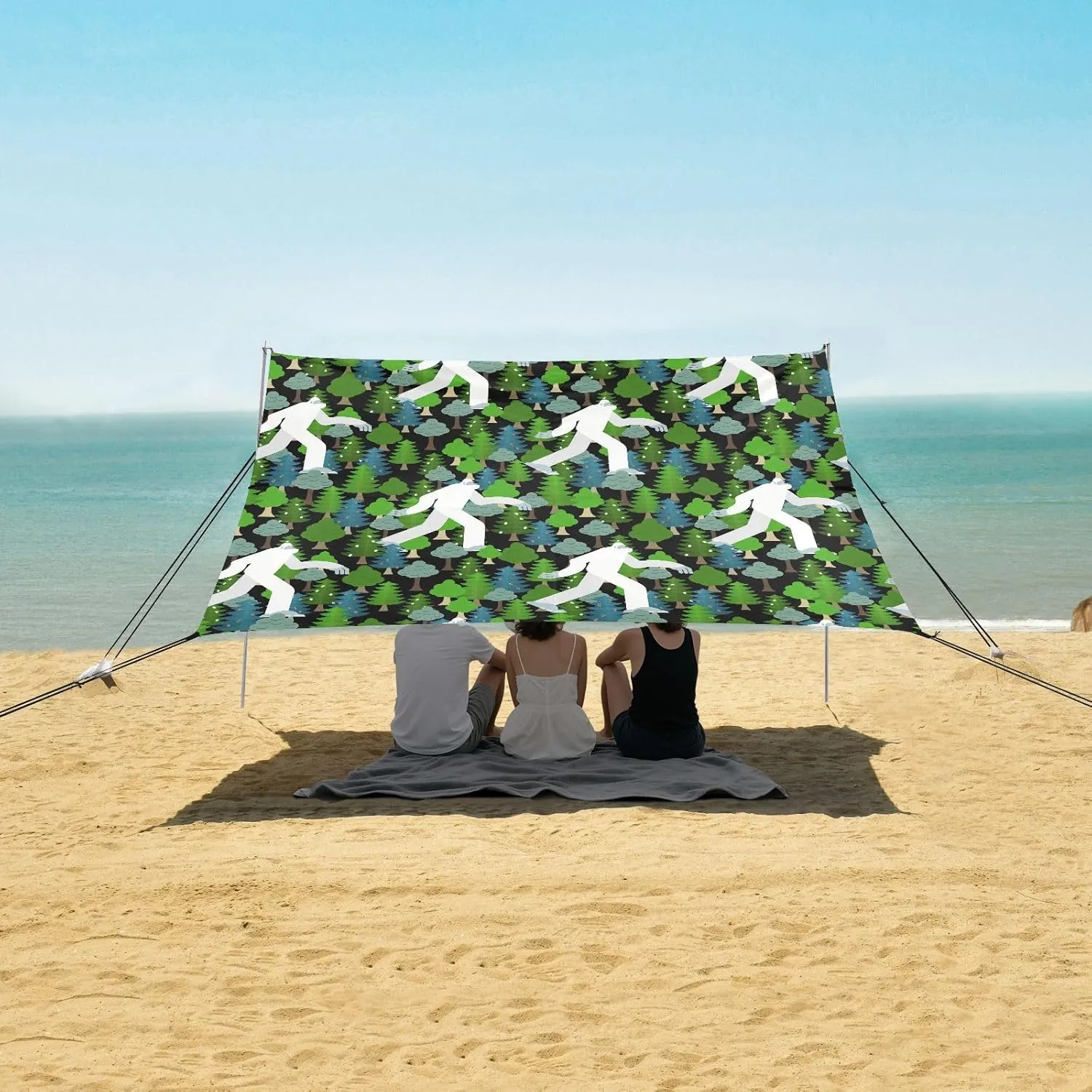 Bigfoot in Forest Pattern Beach Canopy Tent Anti-UV & Wind Resistant, Camping Sun Shelter Easy Setup Portable,Outdoor Shade Tents with Sandbags,Sand Shovels,Ground Pegs & Stability Poles