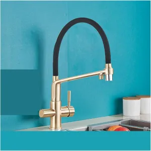 Black White Filtered Kitchen Faucets Pull Out 360 Rotation Mixer Tap Pure Water Crane for Kitchen Filtered Water Taps(Type A-Brush Gold)