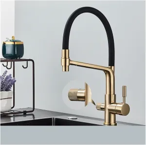 Black White Filtered Kitchen Faucets Pull Out 360 Rotation Mixer Tap Pure Water Crane for Kitchen Filtered Water Taps(Type B-Brush Gold)