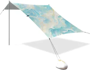 Blue and Gold Dream Water Ripple Designed UPF50  Protection Foldable Beach Tent Easy Setup Large Portable Sun Shelter with Sandbags and Shovel for Camping, Picnics, Backyard & Fishing Beach