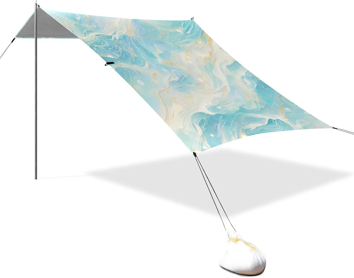 Blue and Gold Dream Water Ripple Designed UPF50  Protection Foldable Beach Tent Easy Setup Large Portable Sun Shelter with Sandbags and Shovel for Camping, Picnics, Backyard & Fishing Beach