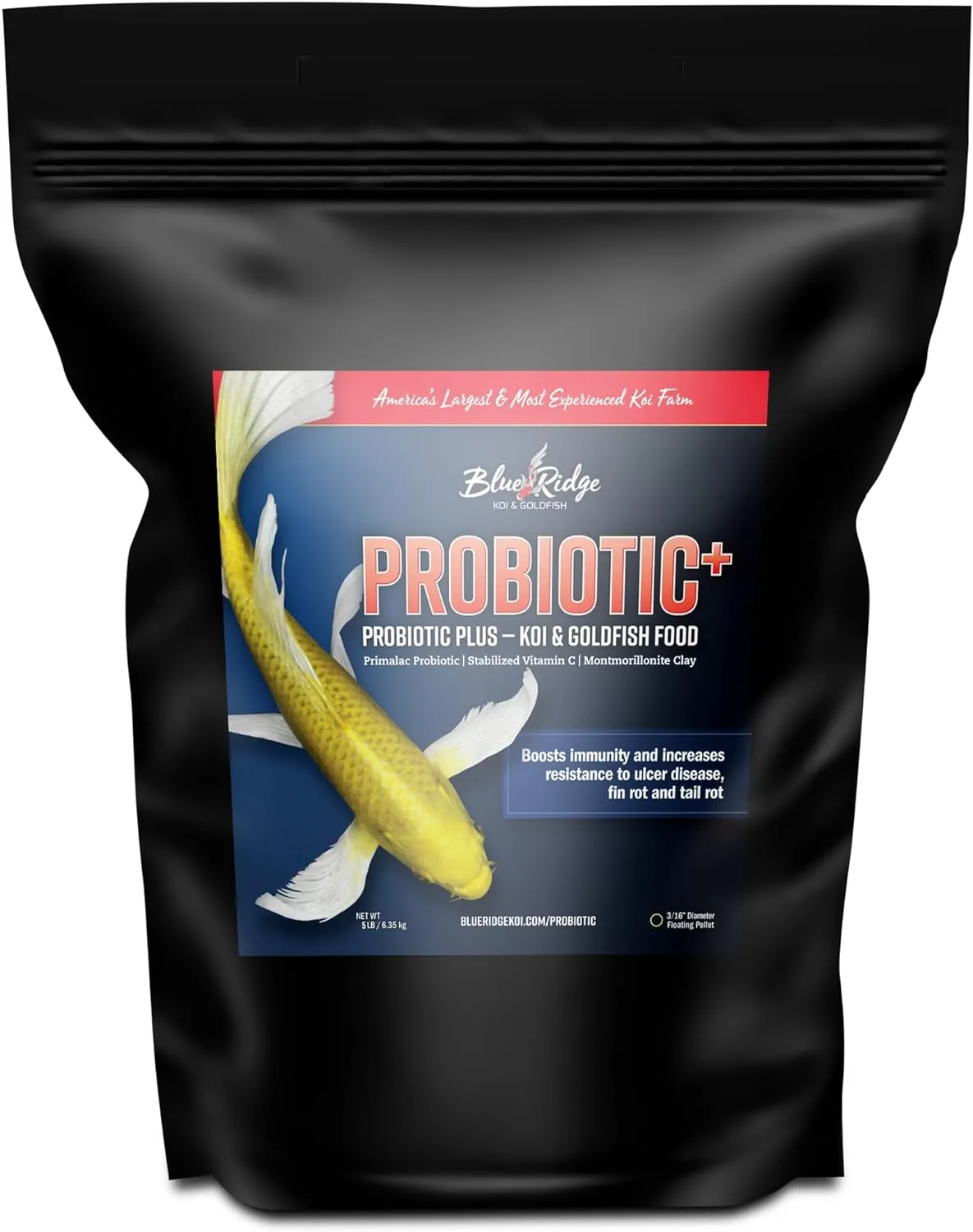 Blue Ridge Koi Fish Food 5lb - Koi Food 3/16” Probiotic Plus, Goldfish Food, Premium Fish Food for Ponds, Ponds Fish Food, Koi Food Fall and Winter Fish Food, Floating Pond Pellets