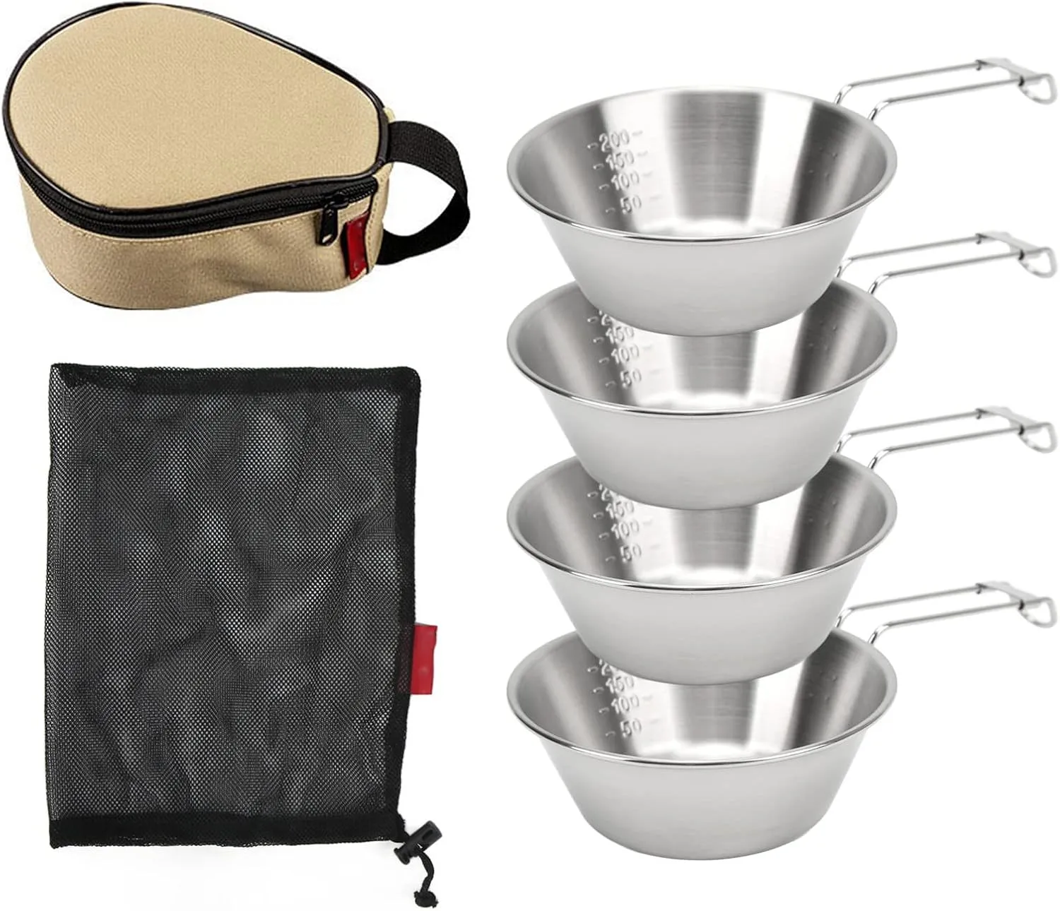 BORDSTRACT Sierra Cup Camping, 4Pcs Stainless Steel Cookware Set with Anti Hot Handle and Storage Case for Hiking, Travel, Picnic, Heatable Soup Cup, Traditional Korean Tableware Bowl Outdoor Cooking