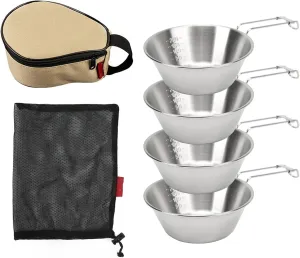 BORDSTRACT Sierra Cup Camping, 4Pcs Stainless Steel Cookware Set with Anti Hot Handle and Storage Case for Hiking, Travel, Picnic, Heatable Soup Cup, Traditional Korean Tableware Bowl Outdoor Cooking