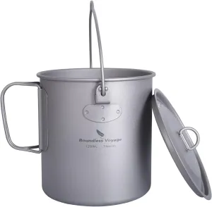 Boundless Voyage 1250ml Camping Titanium Hanging Pot with Lid and Collapsible Handle Outdoor Hiking Picnic Cup Mug Ultralight Portable Water Bottle Ti3042D