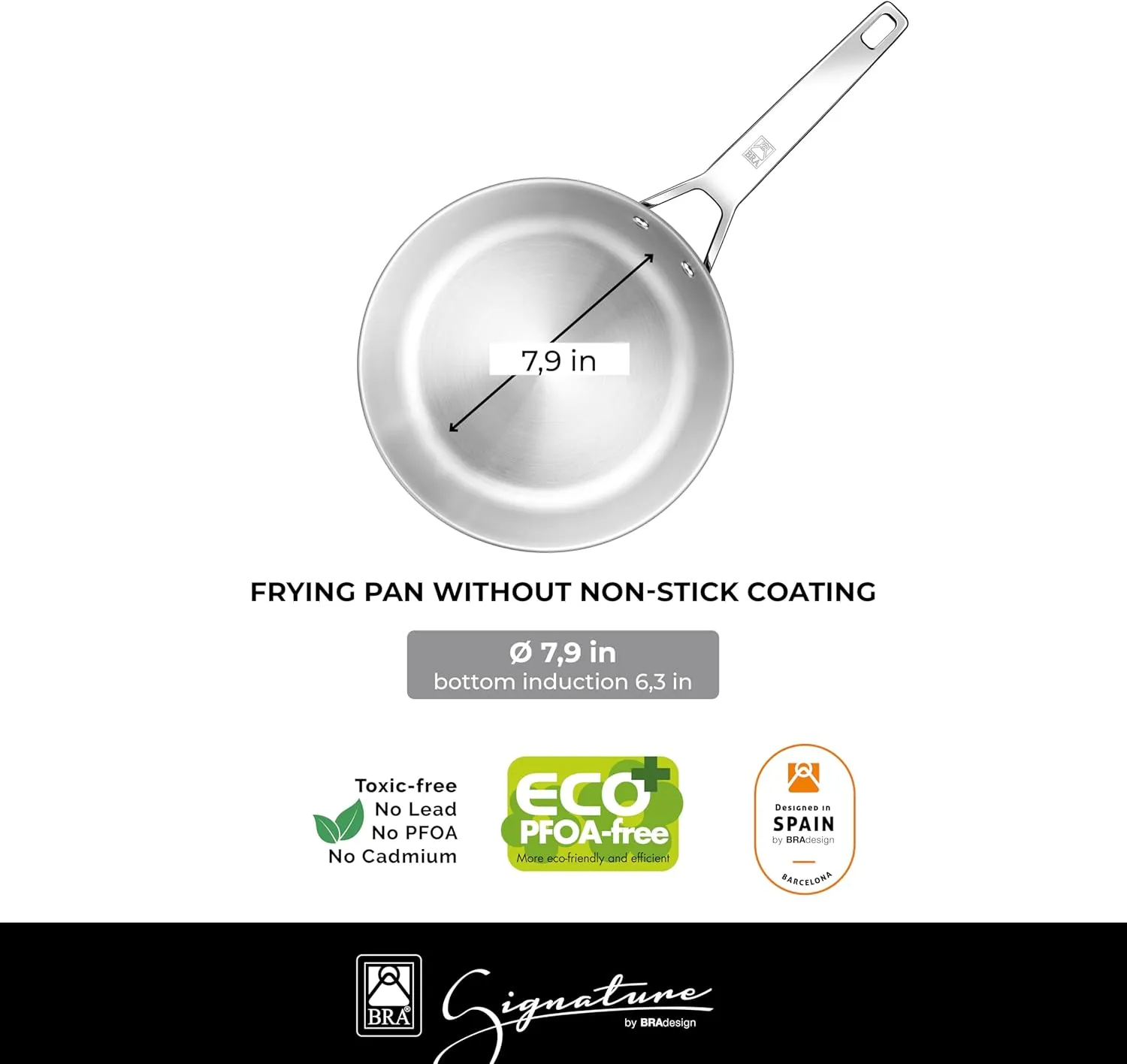 BRA COOKWARE Signature Frying Pan | 8 inches Professional Skillet | Stainless Steel Frypan | All Stovetop Compatible - Full Induction Skillet | PFOA Free | w/o Non-Stick Coating | Polished Finish
