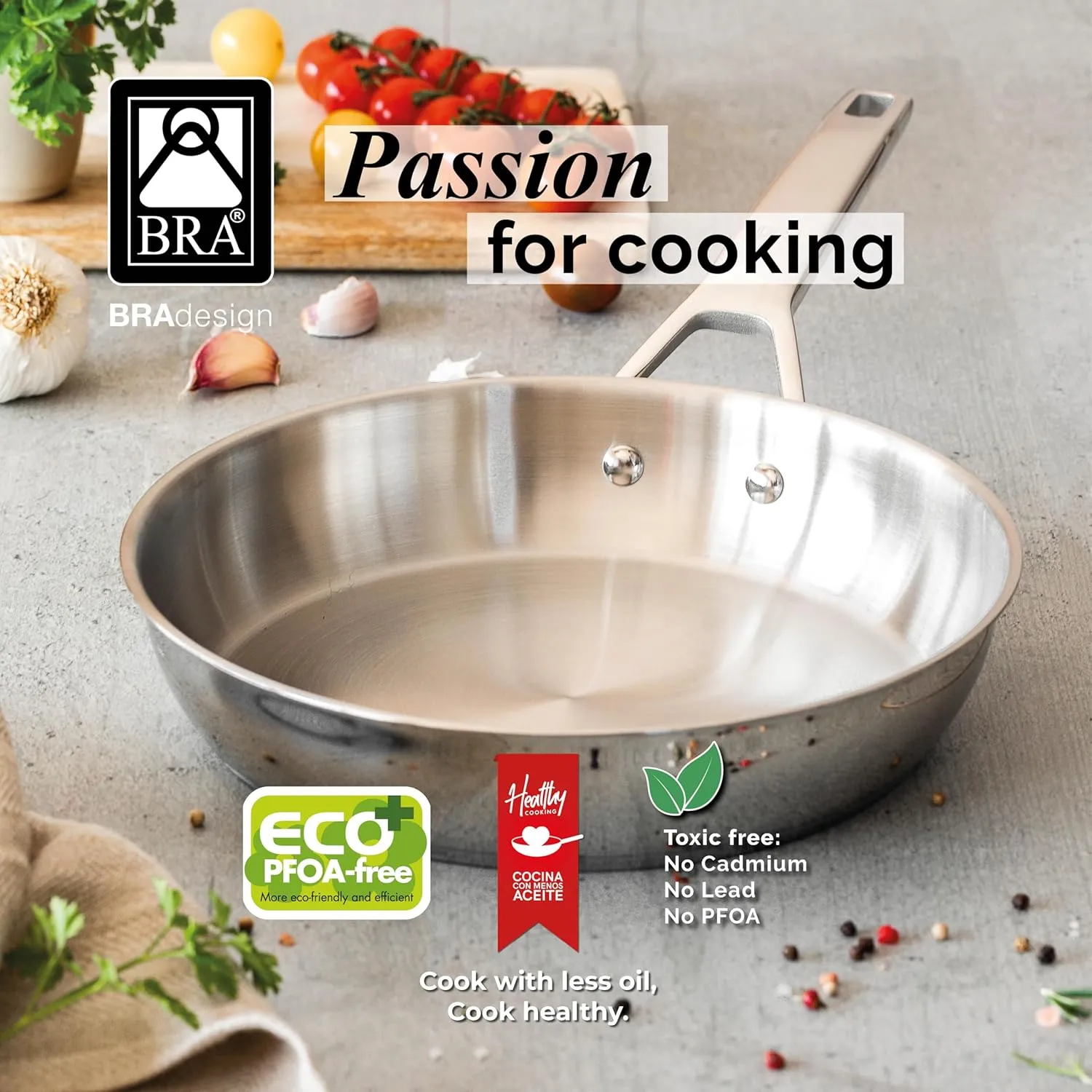 BRA COOKWARE Signature Frying Pan | 8 inches Professional Skillet | Stainless Steel Frypan | All Stovetop Compatible - Full Induction Skillet | PFOA Free | w/o Non-Stick Coating | Polished Finish