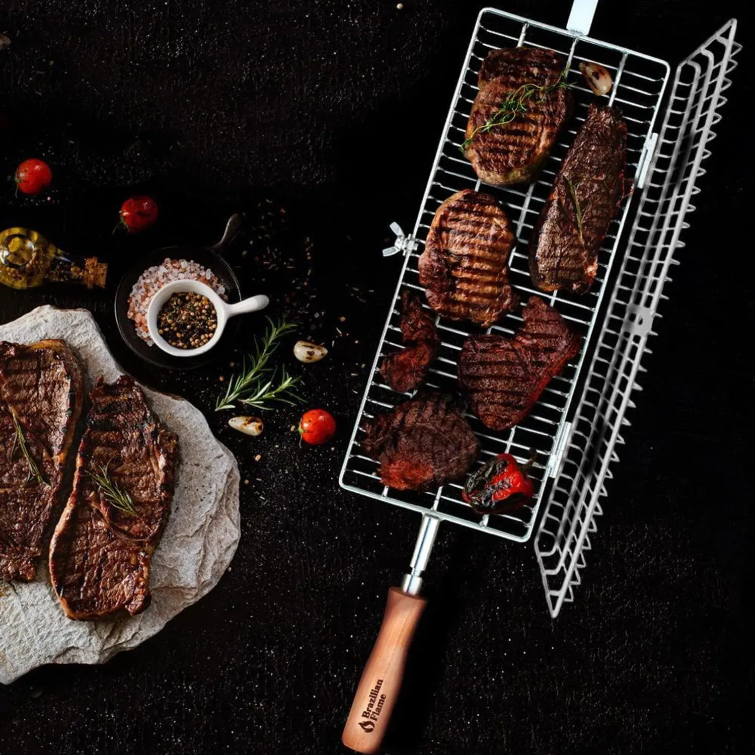 Brazilian Flame Stainless Steel Flat Basket Barbecue Net Tube Wire Mesh Long Grill Basket, Rolling Grilling Tool for Meat & Poultry, BBQ Accessories Portable Outdoor Camping Picnic Cookware