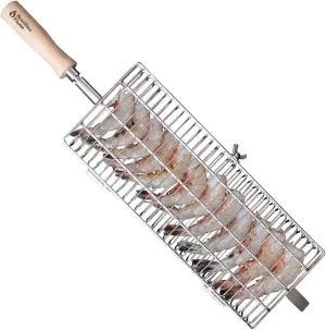 Brazilian Flame Stainless Steel Flat Basket Barbecue Net Tube Wire Mesh Long Grill Basket, Rolling Grilling Tool for Meat & Poultry, BBQ Accessories Portable Outdoor Camping Picnic Cookware