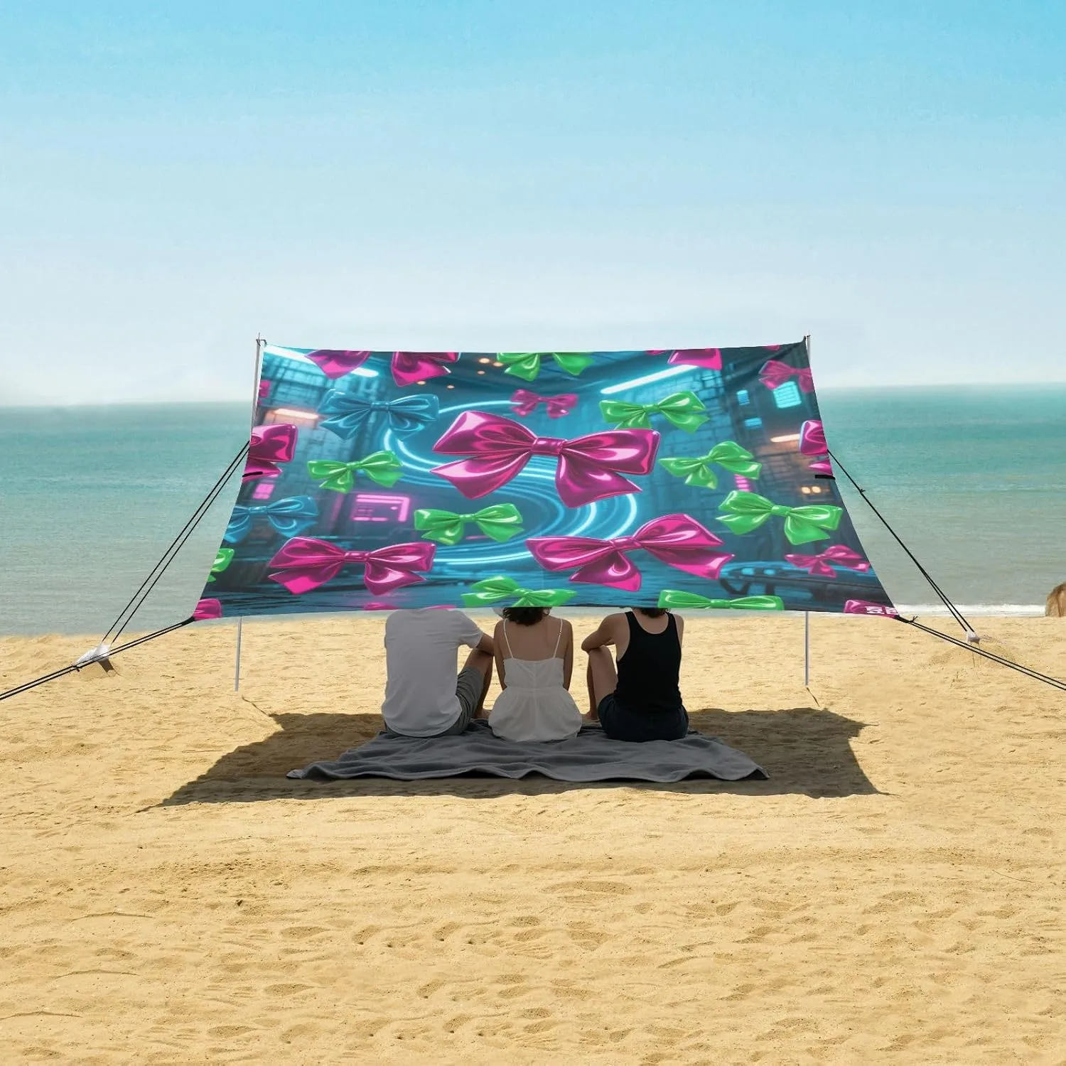Bright Red and Green Bows Beach Canopy Tent Anti-UV & Wind Resistant, Camping Sun Shelter Easy Setup Portable,Outdoor Shade Tents with Sandbags,Sand Shovels,Ground Pegs & Stability Poles