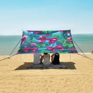 Bright Red and Green Bows Beach Canopy Tent Anti-UV & Wind Resistant, Camping Sun Shelter Easy Setup Portable,Outdoor Shade Tents with Sandbags,Sand Shovels,Ground Pegs & Stability Poles