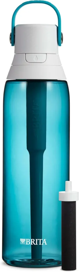 Brita Hard-Sided Plastic Premium Filtering Water Bottle, BPA-Free, Reusable, Replaces 300 Plastic Water Bottles, Filter Lasts 2 Months or 40 Gallons, Includes 1 Filter, Sea Glass - 26 oz.