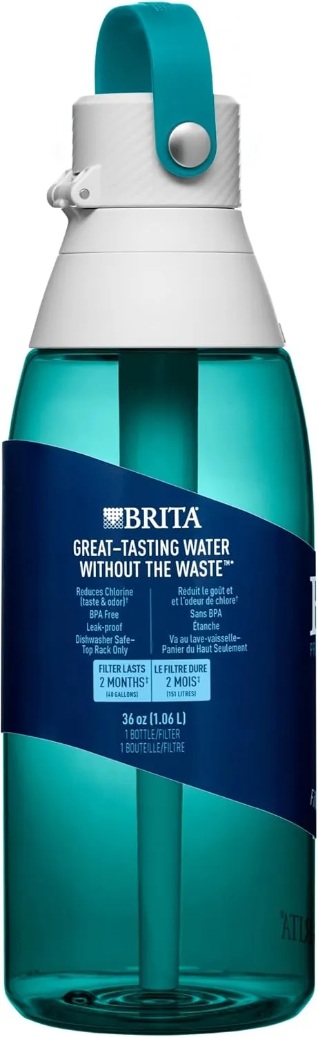 Brita Hard-Sided Plastic Premium Filtering Water Bottle, BPA-Free, Reusable, Replaces 300 Plastic Water Bottles, Filter Lasts 2 Months or 40 Gallons, Includes 1 Filter, Sea Glass - 36 oz.