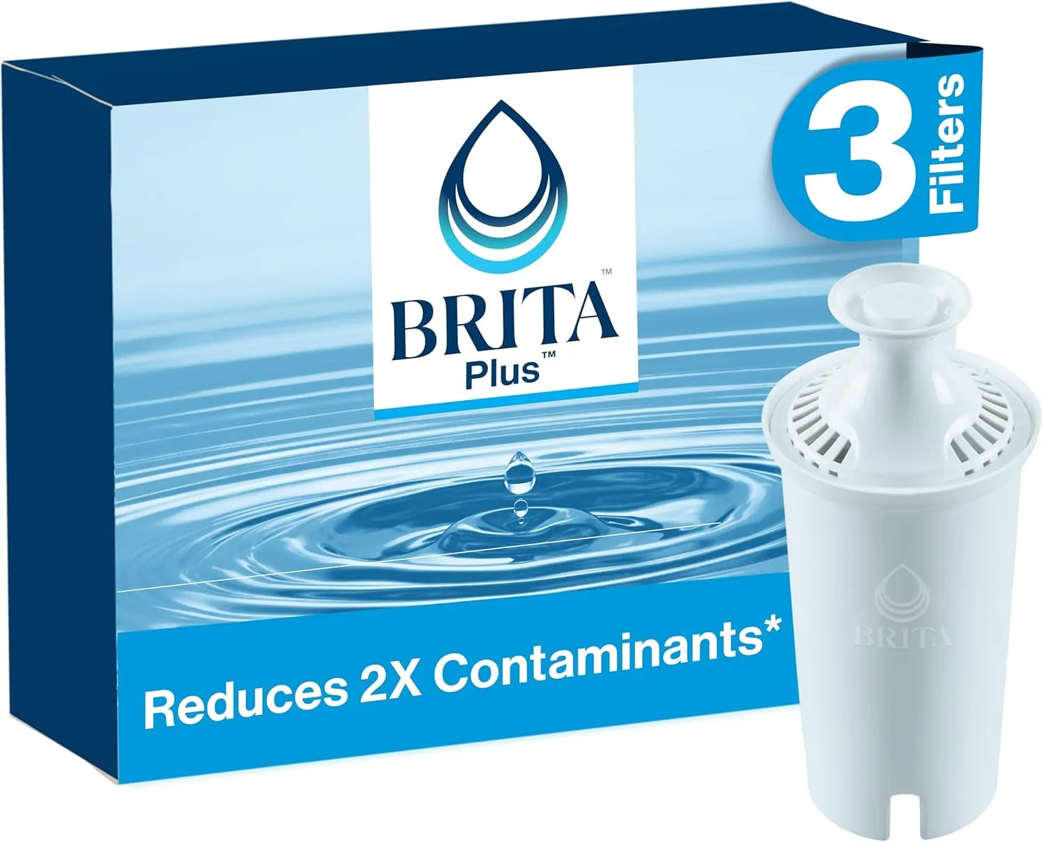 Brita Plus Water Filter, BPA-Free, High-Density Replacement Filter for Pitchers and Dispensers, Reduces 2x Contaminants*, Lasts Two Months or 40 Gallons, Includes 3 Filters