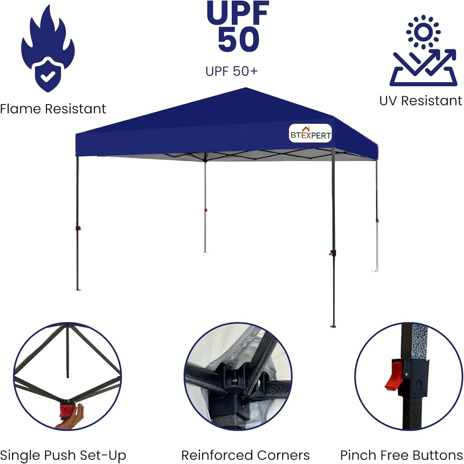 BTExpert 10x10 1-Person One Push Setup Instant Canopy Pop Up, 1 Touch Portable Folding Shelter Outdoor Gazebo Shade Tent w/Adjustable Height, Wind Vent Carrying Wheeled Bag Home Event Garden BBQ