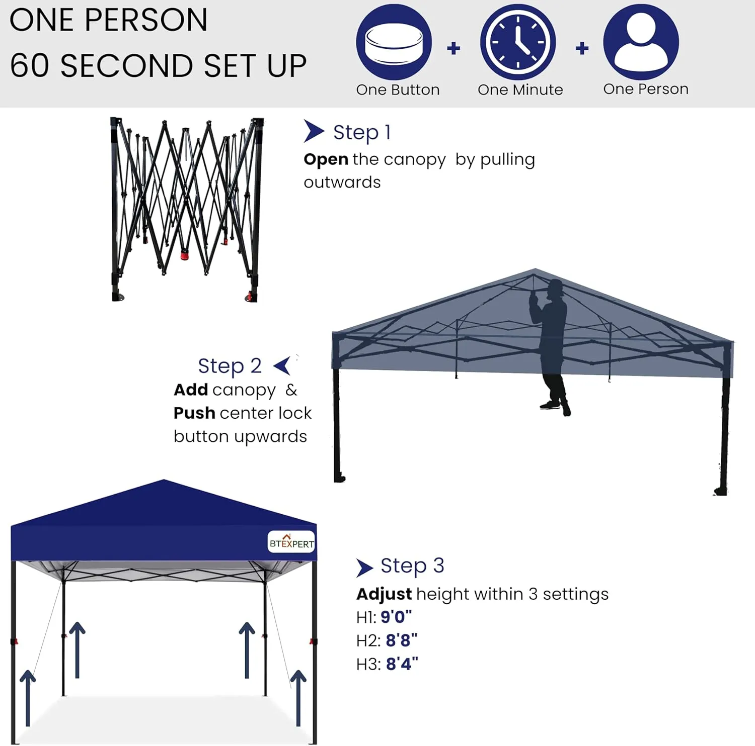 BTExpert 10x10 1-Person One Push Setup Instant Canopy Pop Up, 1 Touch Portable Folding Shelter Outdoor Gazebo Shade Tent w/Adjustable Height, Wind Vent Carrying Wheeled Bag Home Event Garden BBQ