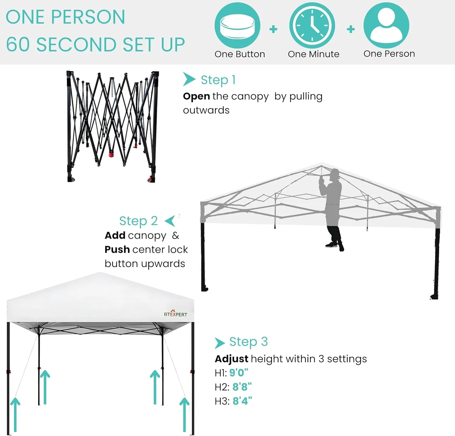 BTExpert 10x10 Set of 2, One Push Instant Canopy Pop Up Tent Easy 1-Touch Portable Folding Shelter Outdoor Gazebo Shade w/Adjustable Height Carrying Wheeled Bag Party Event Picnic Easy Setup