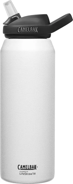 CamelBak eddy  Water Filter Water Bottle by LifeStraw Integrated 2-Stage Filter Straw - For Hiking, Backpacking, Travel, and Emergency Preparedness - 32oz Vacuum Insulated Stainless Steel, White