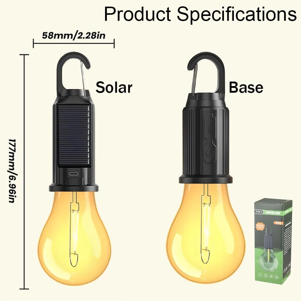 Camp Light Bulb, Solar Rechargeable Hooked Camping Light, 3 Lighting Modes Led Outdoor Emergency Light, Waterproof Tent Light with Hanging Hook, Suitable for Various Outdoor Scenes (Solar, 10)