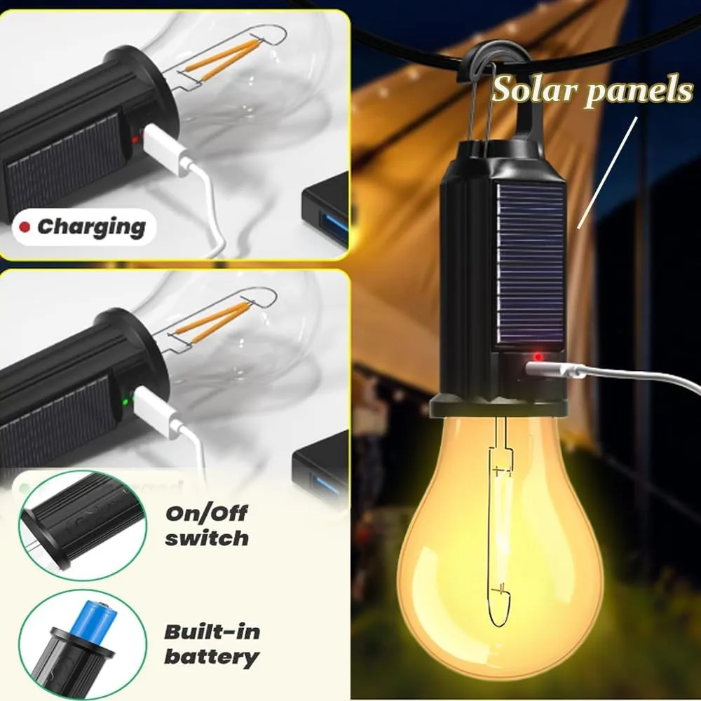 Camp Light Bulb, Solar Rechargeable Hooked Camping Light, 3 Lighting Modes Led Outdoor Emergency Light, Waterproof Tent Light with Hanging Hook, Suitable for Various Outdoor Scenes (Solar, 10)