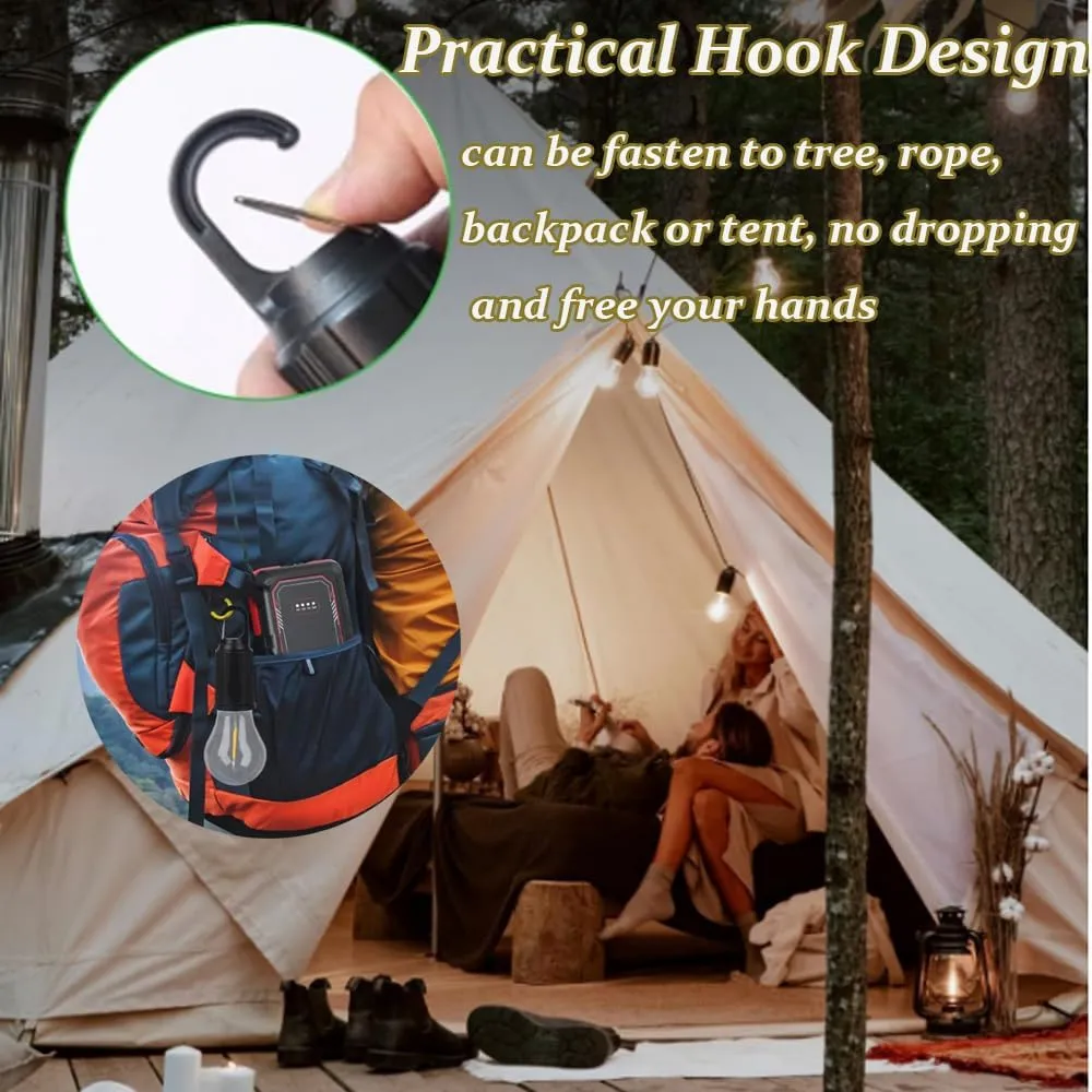 Camp Light Bulb, Solar Rechargeable Hooked Camping Light, 3 Lighting Modes Led Outdoor Emergency Light, Waterproof Tent Light with Hanging Hook, Suitable for Various Outdoor Scenes (Solar, 10)