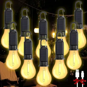 Camp Light Bulb, Solar Rechargeable Hooked Camping Light, 3 Lighting Modes Led Outdoor Emergency Light, Waterproof Tent Light with Hanging Hook, Suitable for Various Outdoor Scenes (Solar, 10)