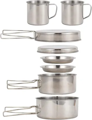 Camping Cookware Mess Kit 8PCS Stainless Steel Cooking Pot and Pan Set with Plates Cups for Outdoor Camping Hiking Backpacking