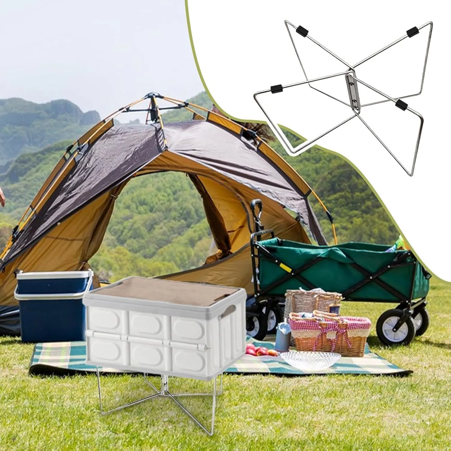 Camping Cooler Stand - Folding Stand, Stainless Steel Folding Bracket | Anti Moisture Folding Frame Ice Box Holder, Outdoor Camping Bucket Stand Frame with Nonslip Mat and Carry Bag for BBQ Cooking