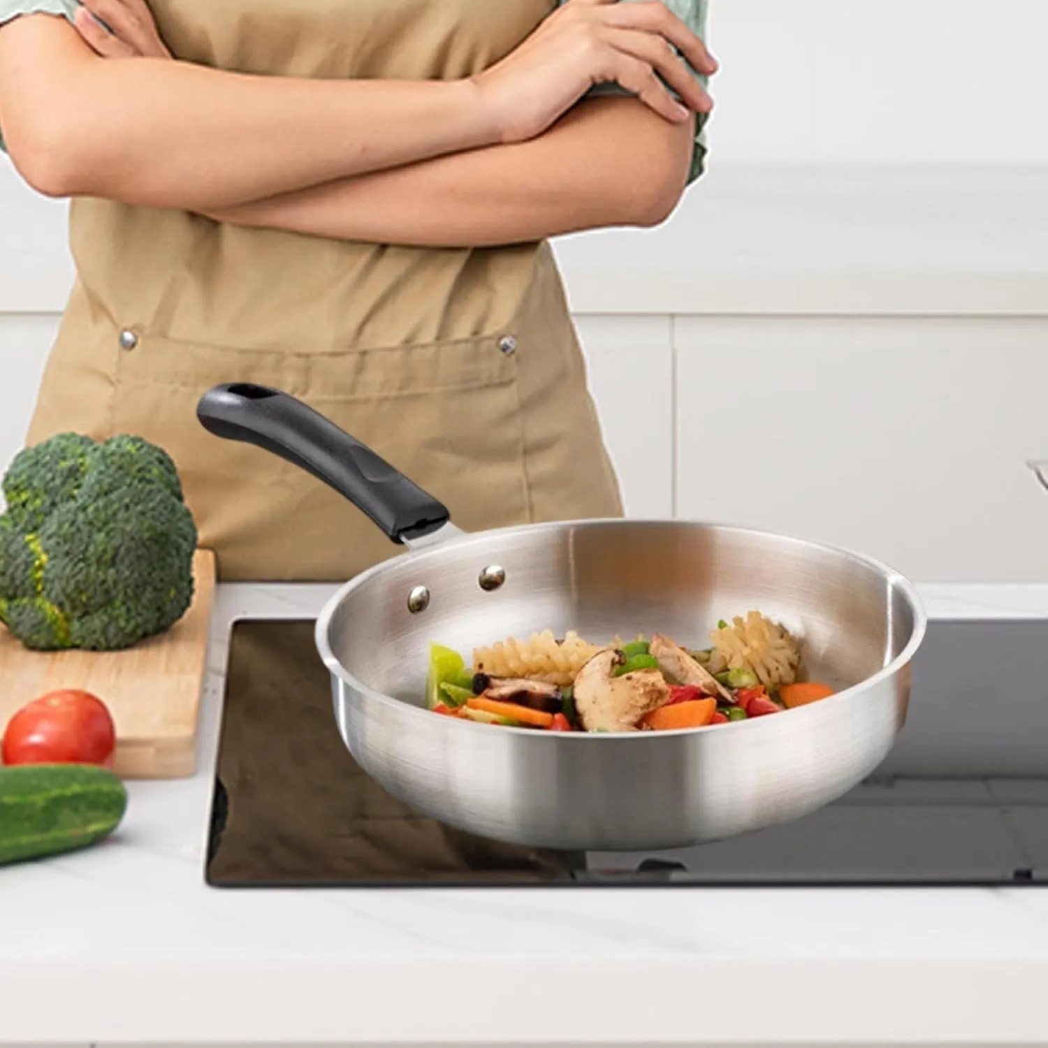 Camping Frying Pan Flat Griddle Non Stick Equipment Kitchen Cookware Stainless Steel Skillet for Fishing Backpacking Indoor, 25.2cm