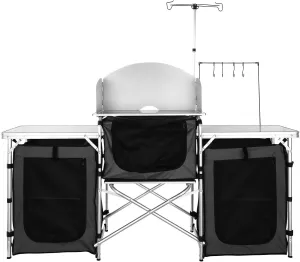 Camping Kitchen Table – Folding Outdoor Cooking Table with Storage Carrying Bag, Aluminum Cook Station 3 Cupboard & Detachable Windscreen, Quick Set-up for Picnics, BBQ, RV Traveling
