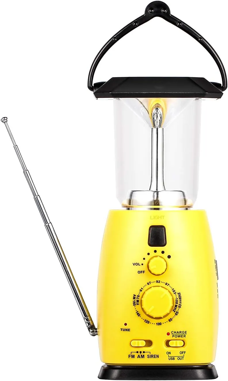 Camping Lantern Solar Rechargeable, Solar and Hand Crank Dynamo Multi-functional 4-way Powered AM/FM Radio 8 LED Flashlight with Emergency Cell Phone Charger, Support AA Battery for Hike Climbing