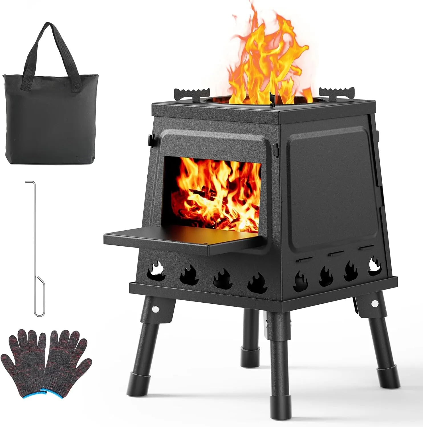 Camping Wood Stove, Small Portable Cast Iron Wood Stove: Compact Outdoor Cooking Solution with Carrying Bag