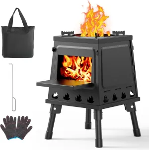 Camping Wood Stove, Small Portable Cast Iron Wood Stove: Compact Outdoor Cooking Solution with Carrying Bag